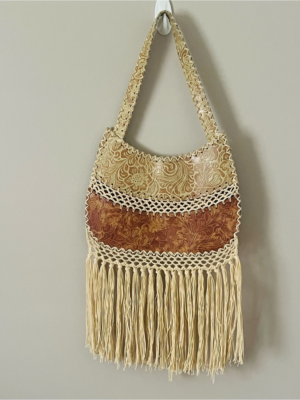 Boho Fringe Shoulder Bag in Cream and Brown